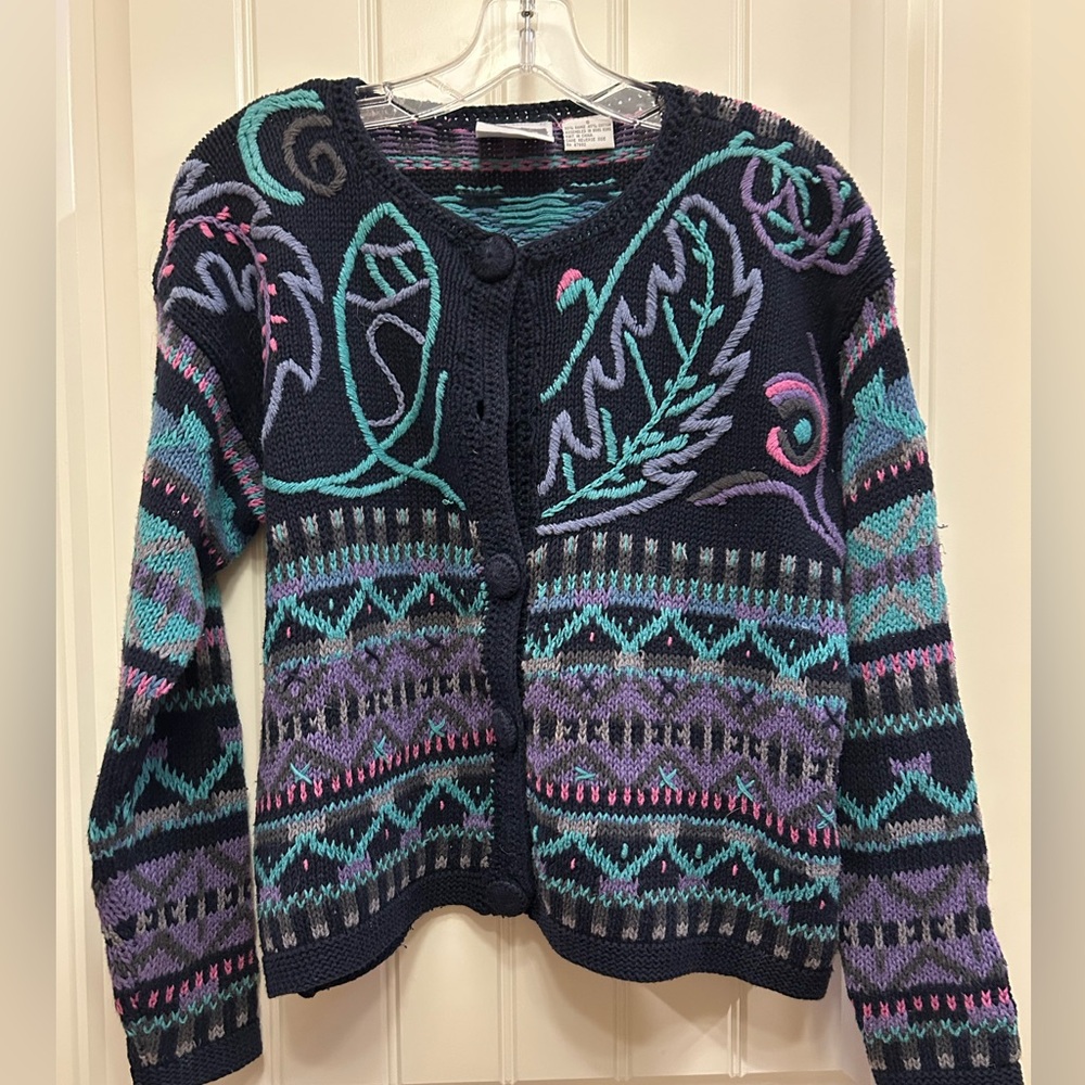 Sigrid Olsen Navy Multicolor Patterned Knit Cardigan, Small